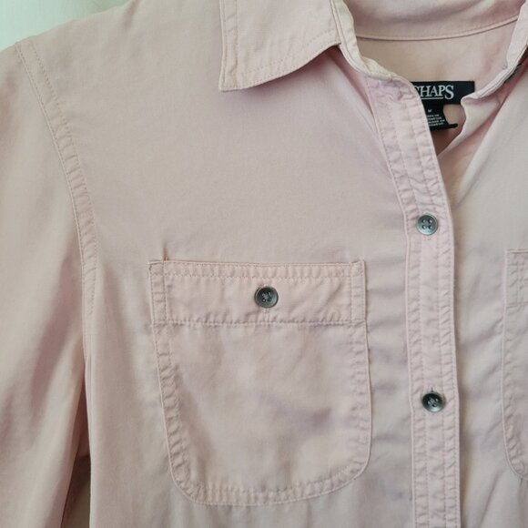 Chaps Pink Blouse Medium Button Front long sleeves Lyocell pockets Flowy EUC - Picture 4 of 9